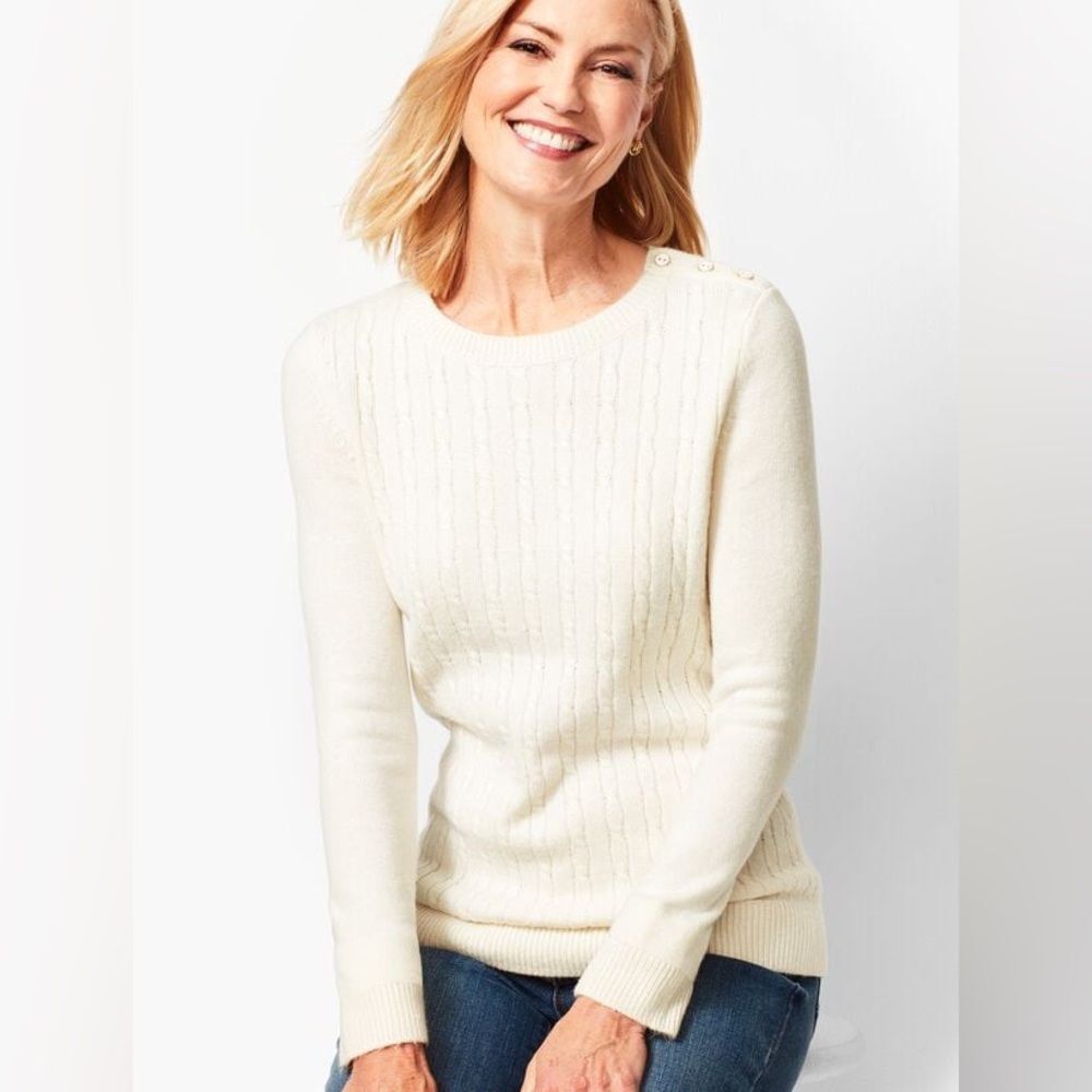 NWT** Talbots Cable Knit Crewneck Sweater Cream Size Large Petite